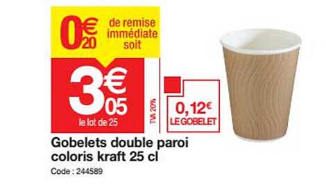 gobelets double paroi coloris kraft 25 cl