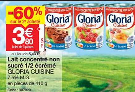 lait concentré non sucré 1-2 écrémé gloria cuisine