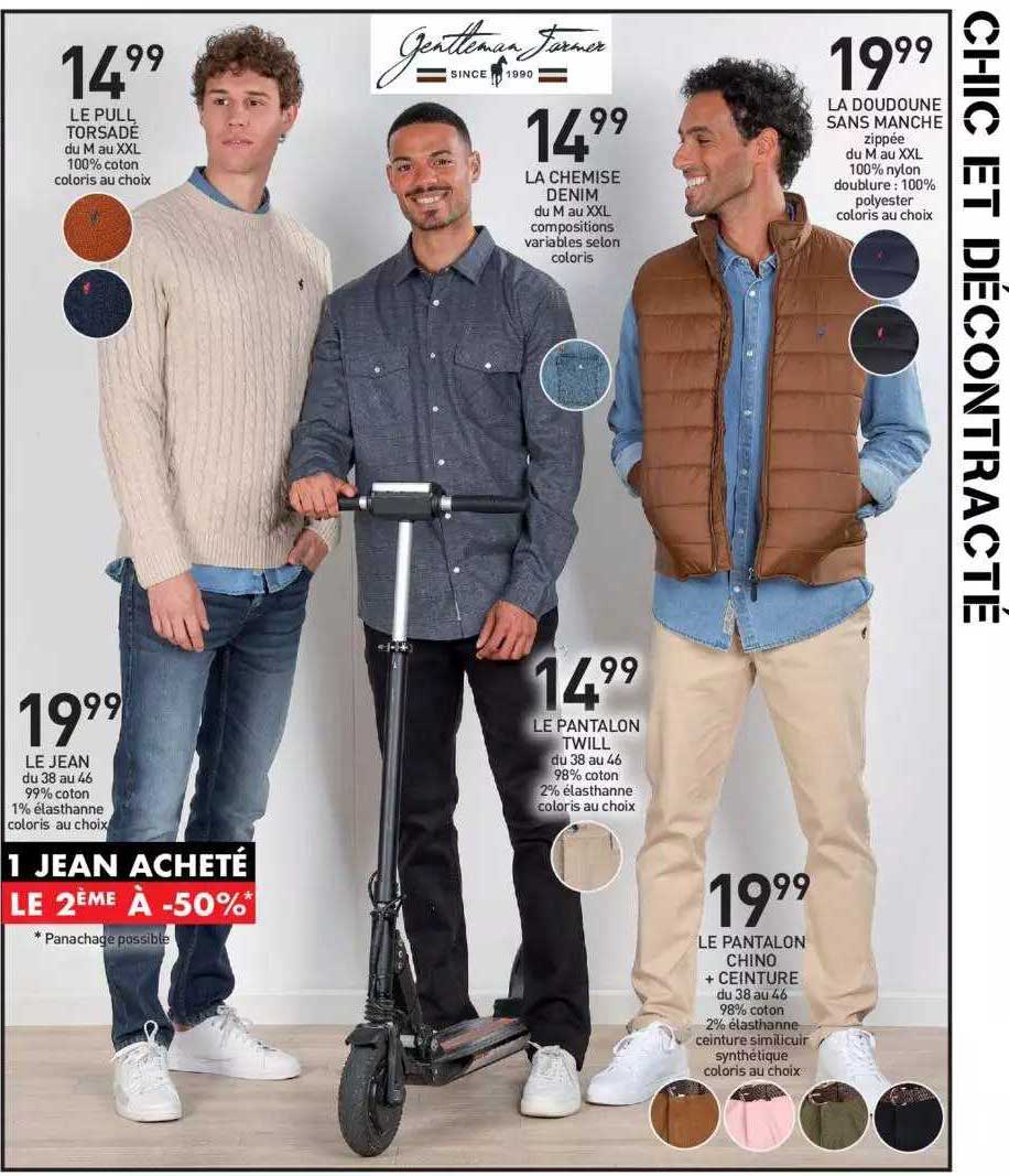 le pull torsade, la chemise denim, la doudoune sans manche, le jean, le pantalon twill, le pantalon chino + ceinture