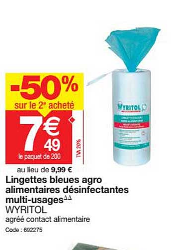 lingettes bleues agro alimentaires désinfectantes multi-usages wyritol