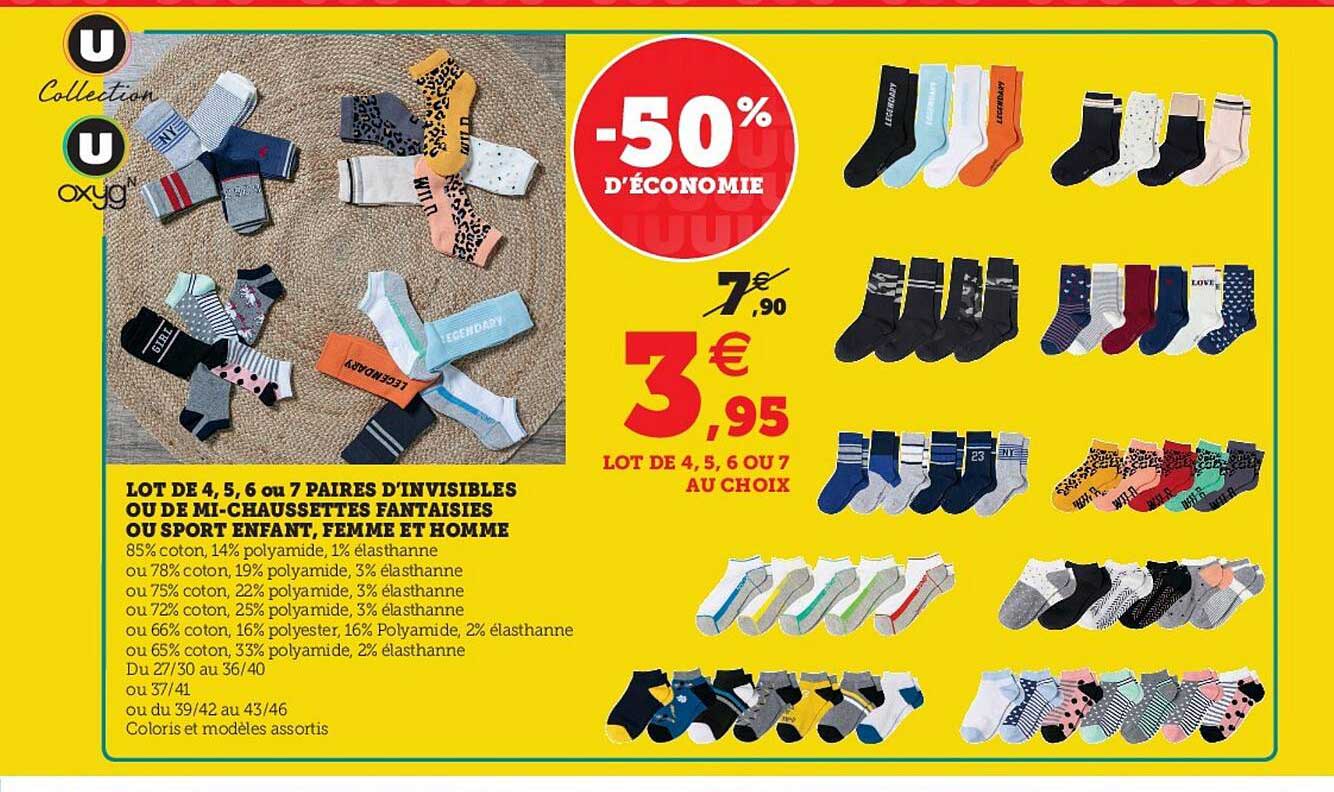 lot de 4, 5, 6 ou 7 paires d'invisibles ou de mi-chaussettes fantaisies ou sport enfant, femme et homme