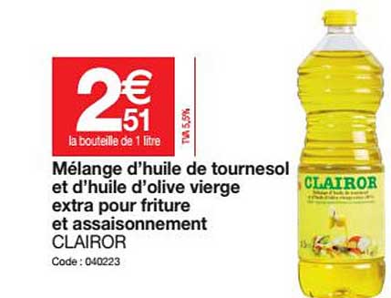 Mélange D'huile De Tournesol Et D'huile D'olive Vierge Extra Pour Friture Et Assaisonnement Clairor