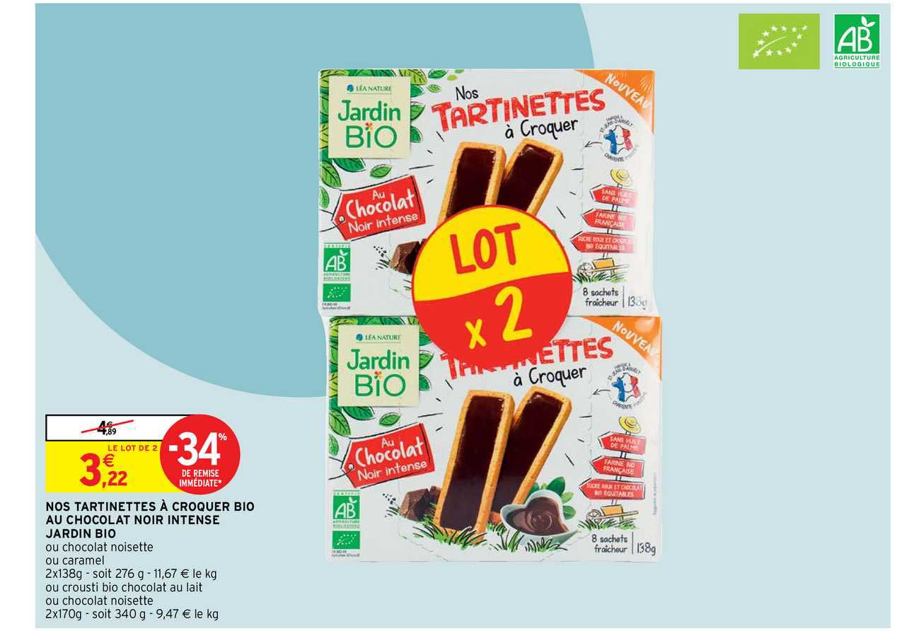 nos tartinettes à croquer bio au chocolat noir intense jardin bio -34% de remise immédiate