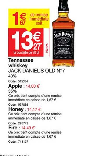 tennessee whiskey jack daniel's old n°7, apple, honey, fire