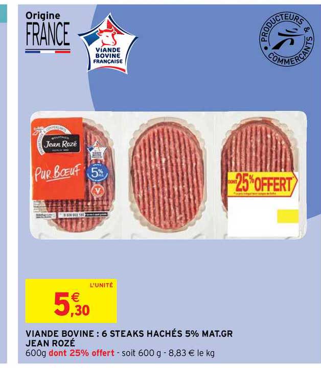 viande bovine : 6 steaks haché 5% mat. gr jean rozé