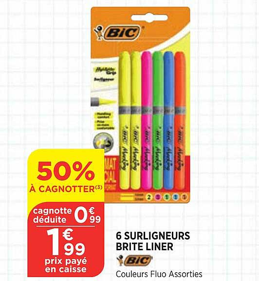 6 surligneurs brite liner bic