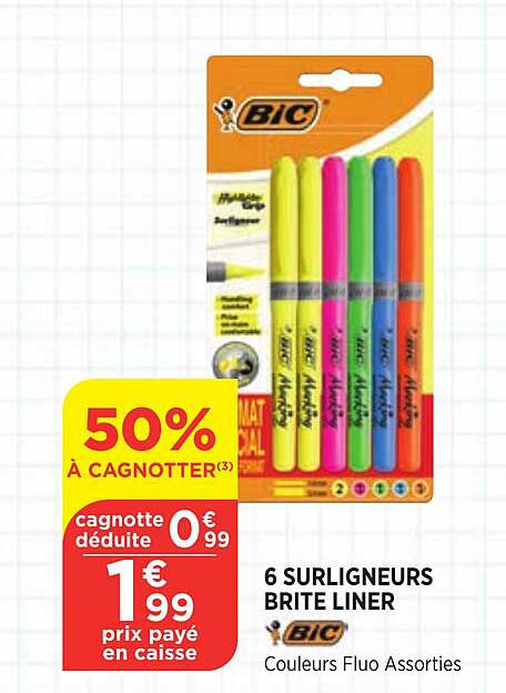 6 surligneurs brite liner bic