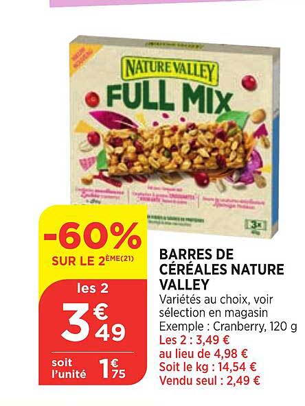 barres de céréales nature valley -60% sur le 2ème