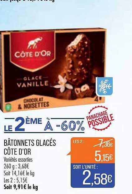 bâtonnets glacés côte d'or variété assorties le 2ème à -60%
