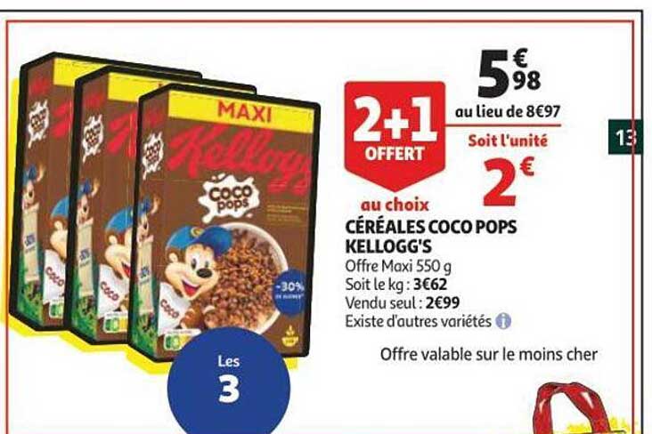 céréales coco pops kellogg's 2+1 offert au choix