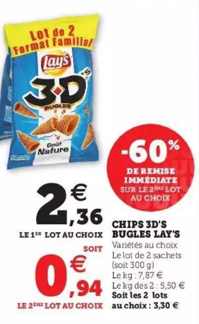 Chips 3d's Bugles Lay's -60% De Remise Immédiate Sur Le 2ème Lot Au Choix