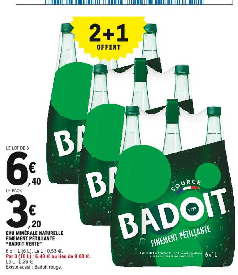 eau minérale naturelle finement pétillante "badoit verte" 2+1 offert