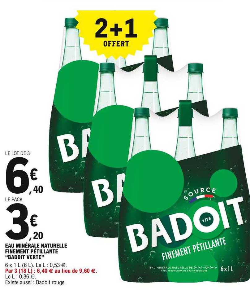 eau minérale naturelle finement pétillante "badoit verte" 2+1 offert