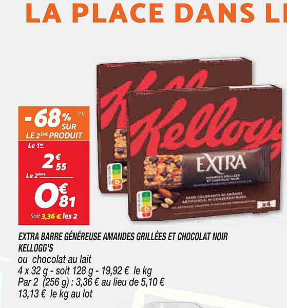 extra barre généreuse amandes grillées et chocolat noir kellogg's -68% sur le 2ème produit