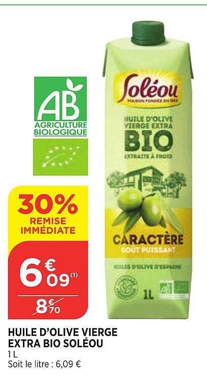 Huile D'olive Vierge Extra Bio Soléou 30% Remise Immédiate