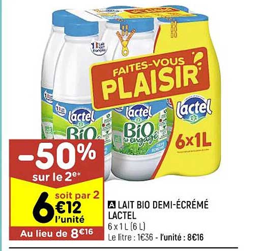 Lait Bio Demi-écrémé Lactel -50% Sur Le 2ème