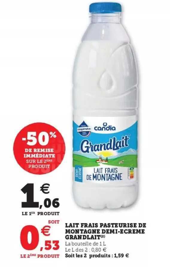 lait frais pasteurisé de montagne demi-écrémé grandlait -50% de remise immédiate sur le 2ème produit