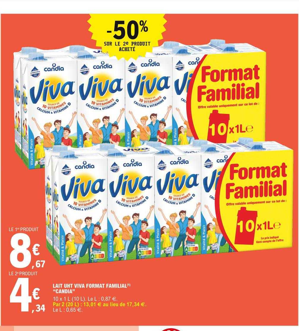 lait uht viva format familial "candia" -50% sur le 2e produit acheté