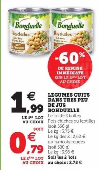 légumes cuits dans très peu de jus bonduelle -60% de remise immédiate sur le 2ème lot au choix