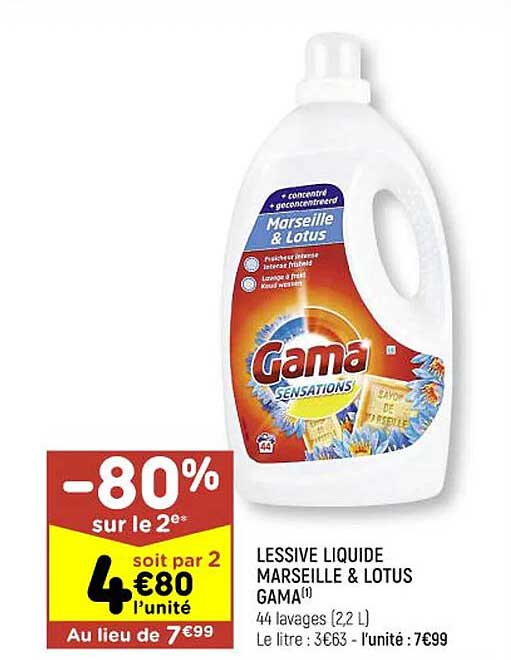Lessive Liquide Marseille & Lotus Gama -80% Sur Le 2e*