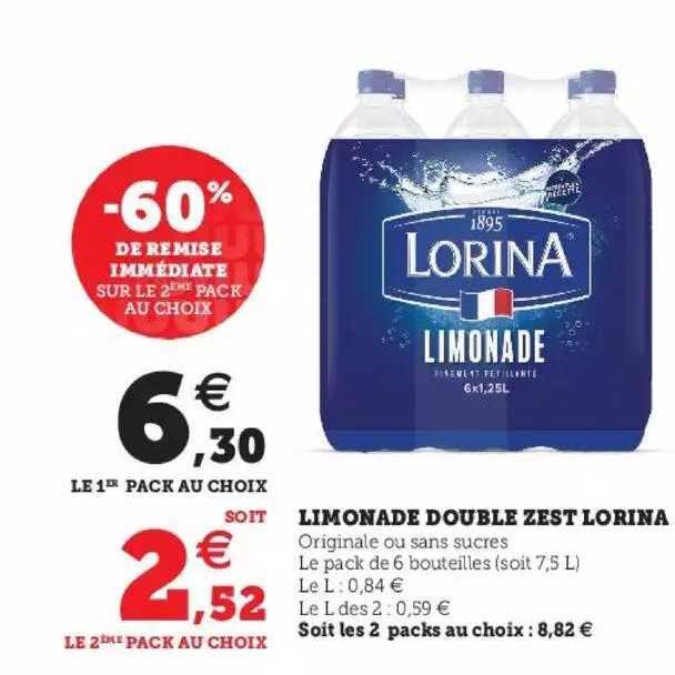 limonade double zest lorina -60% de remise immédiate sur le 2ème pack au choix