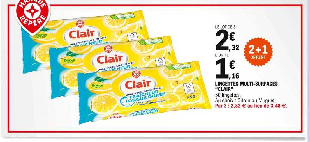 lingettes multi-surfaces "clair" 2+1 offert