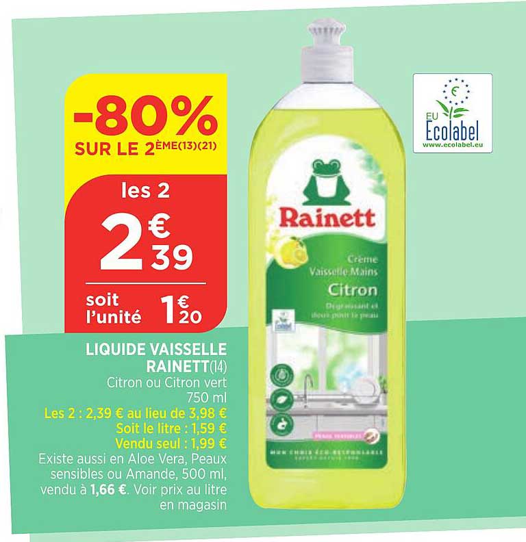 liquide vaisselle rainett cintron ou citron vert -80 sur le 2 ème