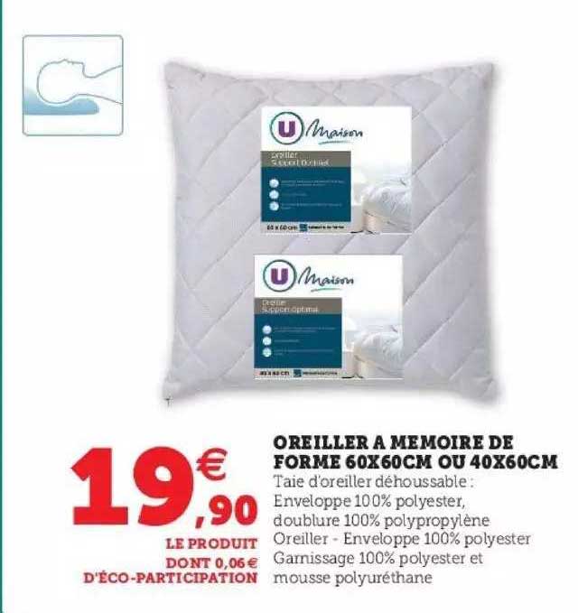 oreiller à memoire de forme 60x60cm ou 40x60cm