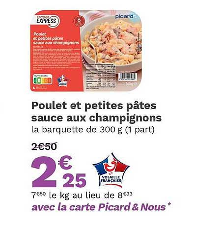 poulet et petites pâtes sauce aux champignons