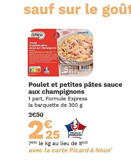 poulet et petites pâtes sauce aux champignons