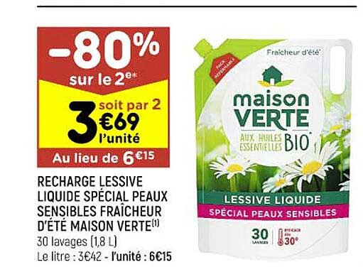 recharge lessive liquide spécial peaux sensible fraîcheur d'été maison verte -80 sur le 2e*
