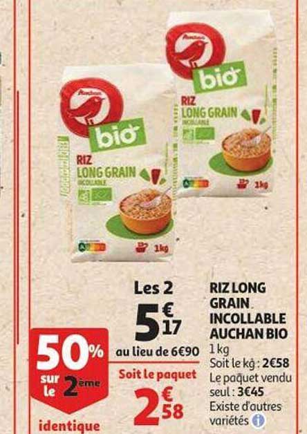 riz long grain incollable auchan bio 50% sur le 2ème identique