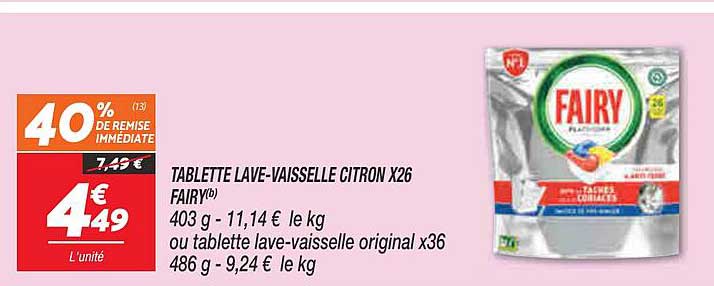 tablette lave-vaisselle citron x26 fairy 40% de remise immédiate