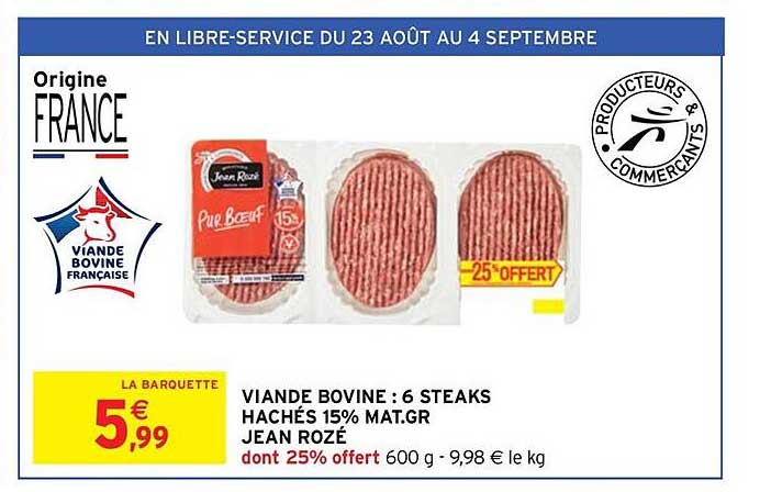 viande bovine : 6 steaks hachés 15% mat.gr jean rozé