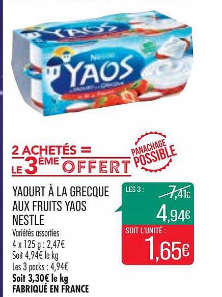 yaourt à la grecque aux fruits yaos nestle variétés assorties 2 achetés = le 3ème offrt