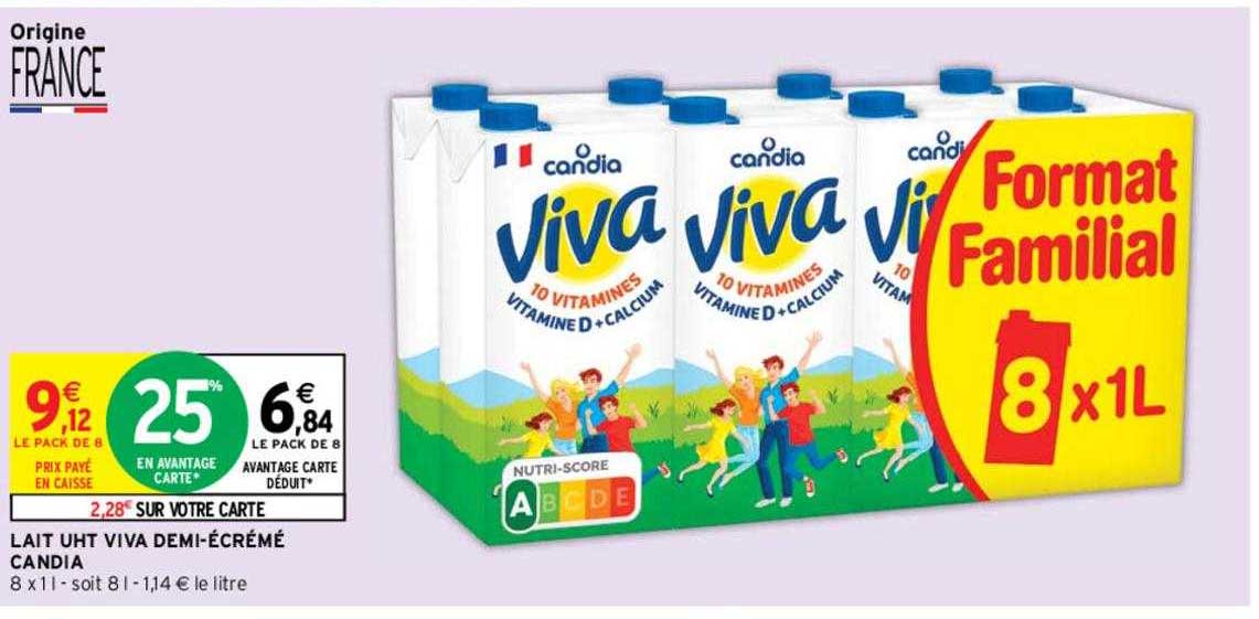 lait uht viva demi-écrémé candia