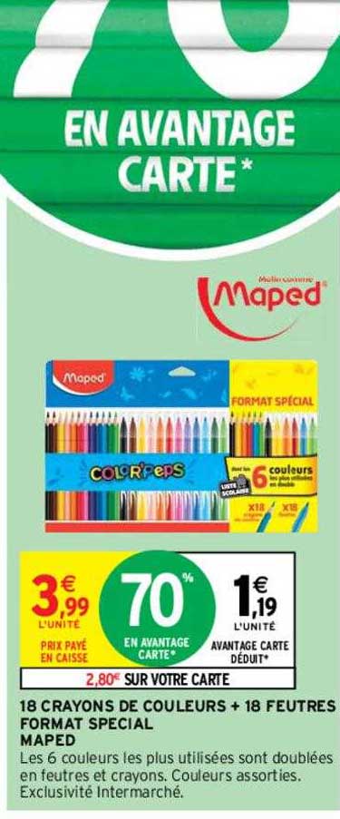 18 crayons de couleurs + 18 feutres format spécial maped
