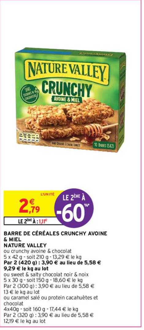 barre de céréales crunchy avoine & miel nature valley