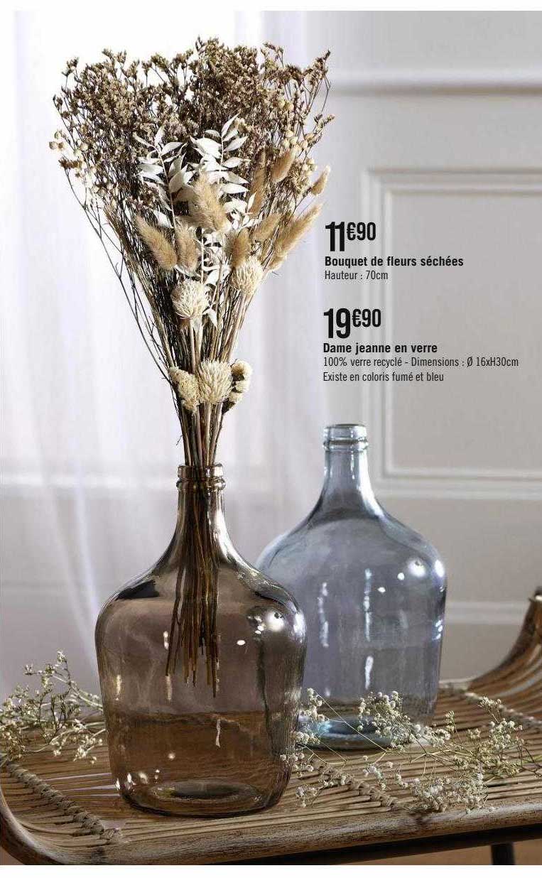 bouquet de fleurs séchées, dame jeanne en verre