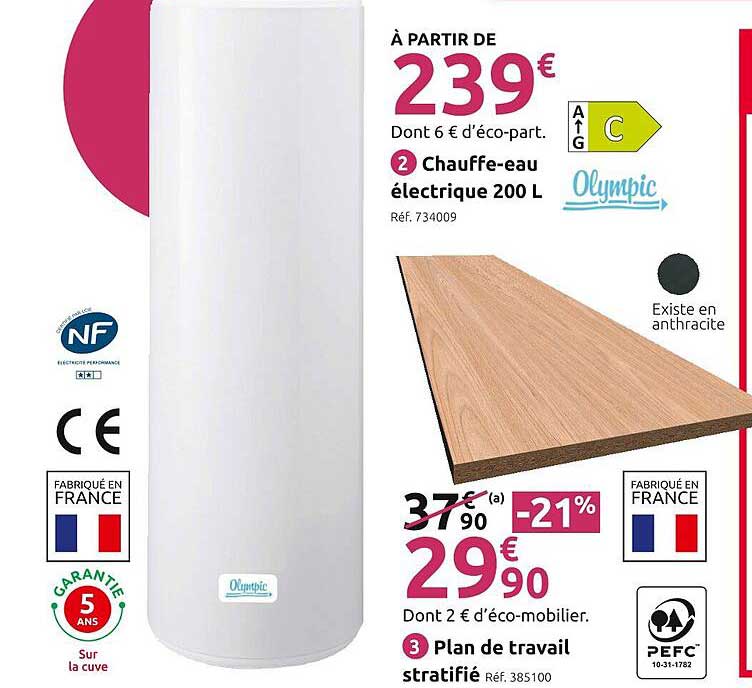 chauffe-eau électrique 200 l, plan de travail stratifié olympic