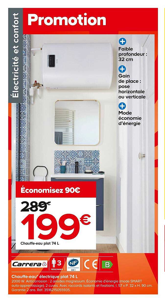 chauffe-eau électrique plat 74 l carrera