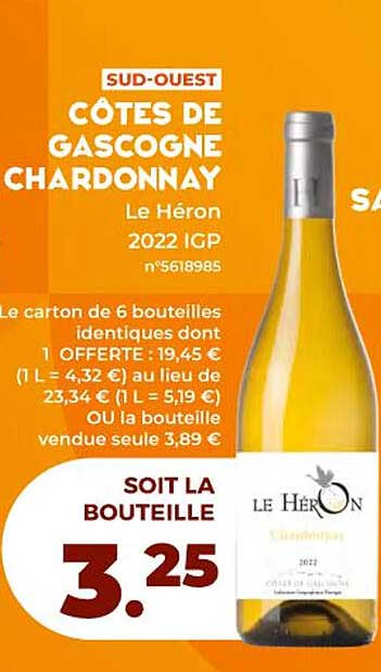 côtes de gascogne chardonnay le héron 2022 igp