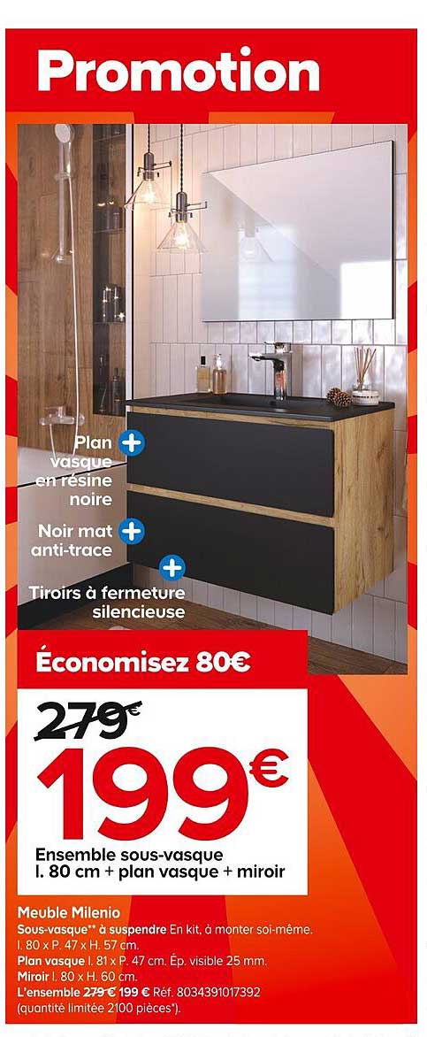 ensemble sous-vasque l. 80 cm + plan vasque milenio