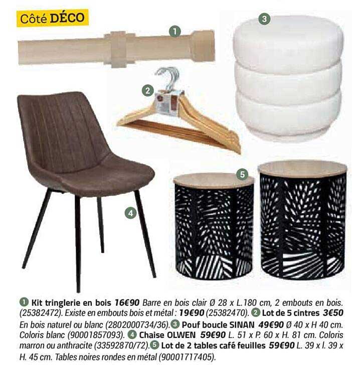 kit tringlerie en bois, lot de 5 cintres, pouf boucle sinan, chaise olwen, lot de 2 tables café feuilles