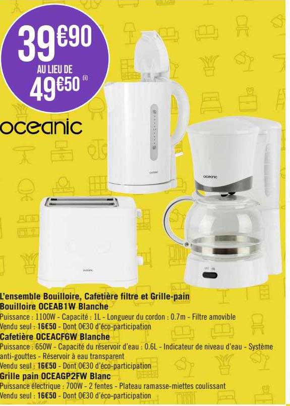 l'ensemble bouilloire, cafetière filtre et grille-pain oceanic