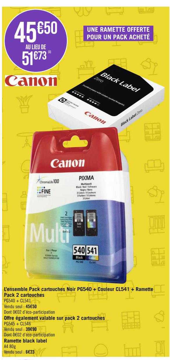 l'ensemble pack cartouches noir pg540 + couleur cl541 + ramette pack 2 cartouches canon