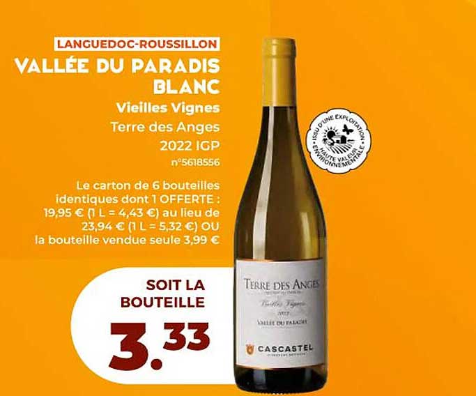 languedoc-roussillon vallée du paradis blanc vieilles vignes terre des anges 2022 igp