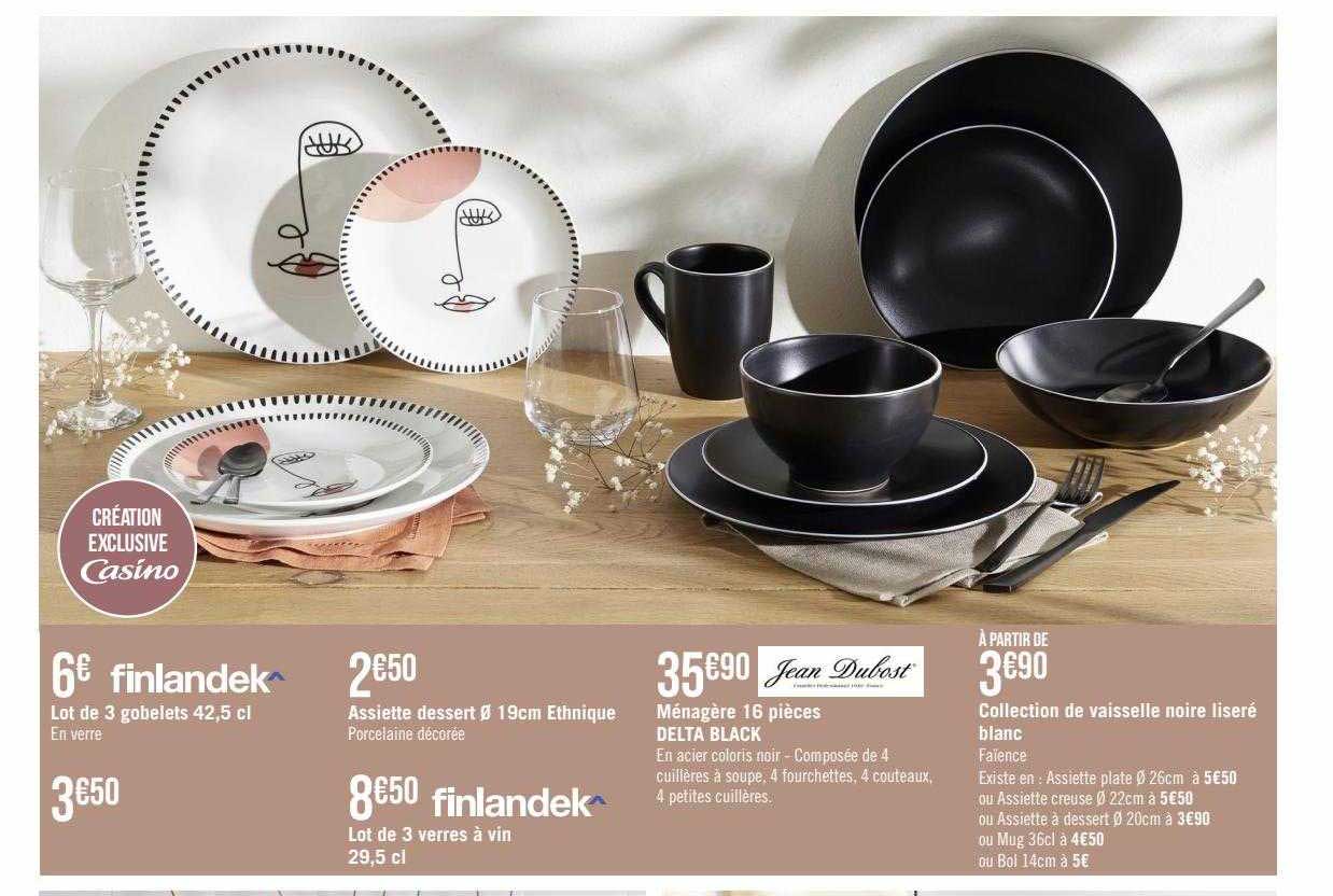 lot de 3 gobelets 42,5 cl finlandek^, assiette dessert ø 19 cm ethnique finlandek^, ménagère 16 pièces delta black jean dubost, collection de vaisselle noir liseré blanc