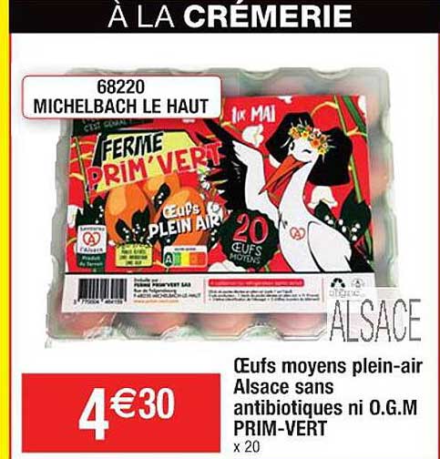 œufs moyens plein-air alsace sans antibiotiques ni o.g.m. prim-vert
