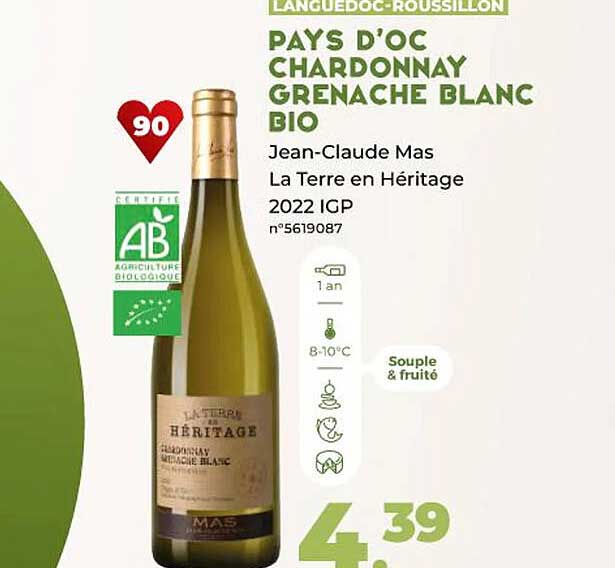 pays d'oc chardonnay grenache blanc bio jean-claude mas la terre en héritage 2022 igp
